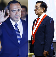 Scheidender Präsident José Jerí und sein NAchfolger José María Balcázar Scheidender Präsident José Jerí und sein NAchfolger José María Balcázar